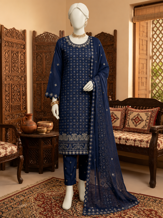 M.239- Dark Blue - Cotton 3 Piece Unstitched Suit by Utsav