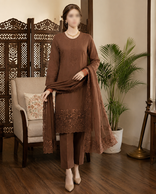 M.197- Brown - Cotton 3 Piece Unstitched Suit by Utsav