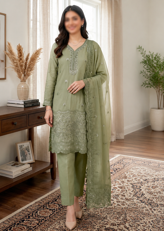 M.235- Light Green - Cotton 3 Piece Unstitched Suit by Utsav