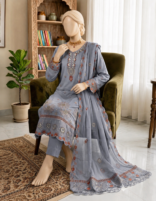 M.236- Light Grey - Cotton 3 Piece Unstitched Suit by Utsav
