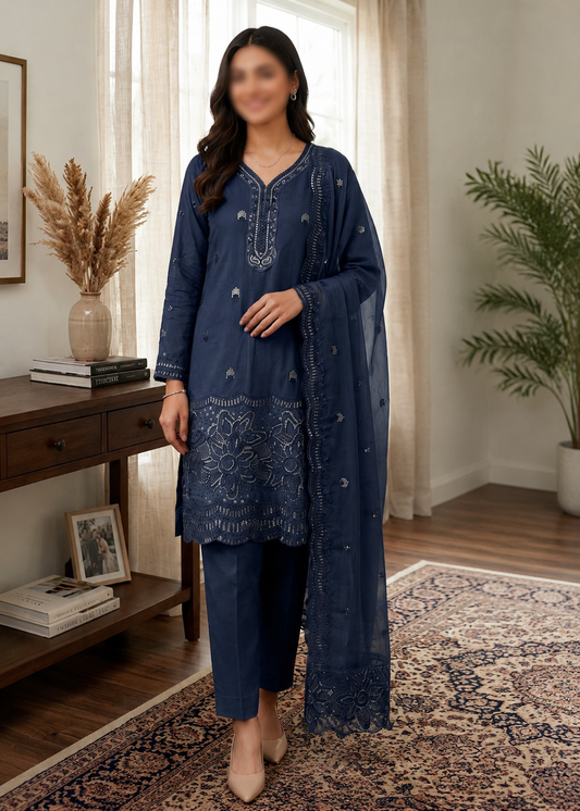 M.235 - Dark Blue- Cotton 3 Piece Unstitched Suit by Utsav