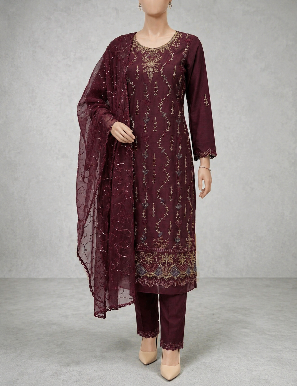 M.238 - Mehroon- Cotton 3 Piece Unstitched Suit by Utsav