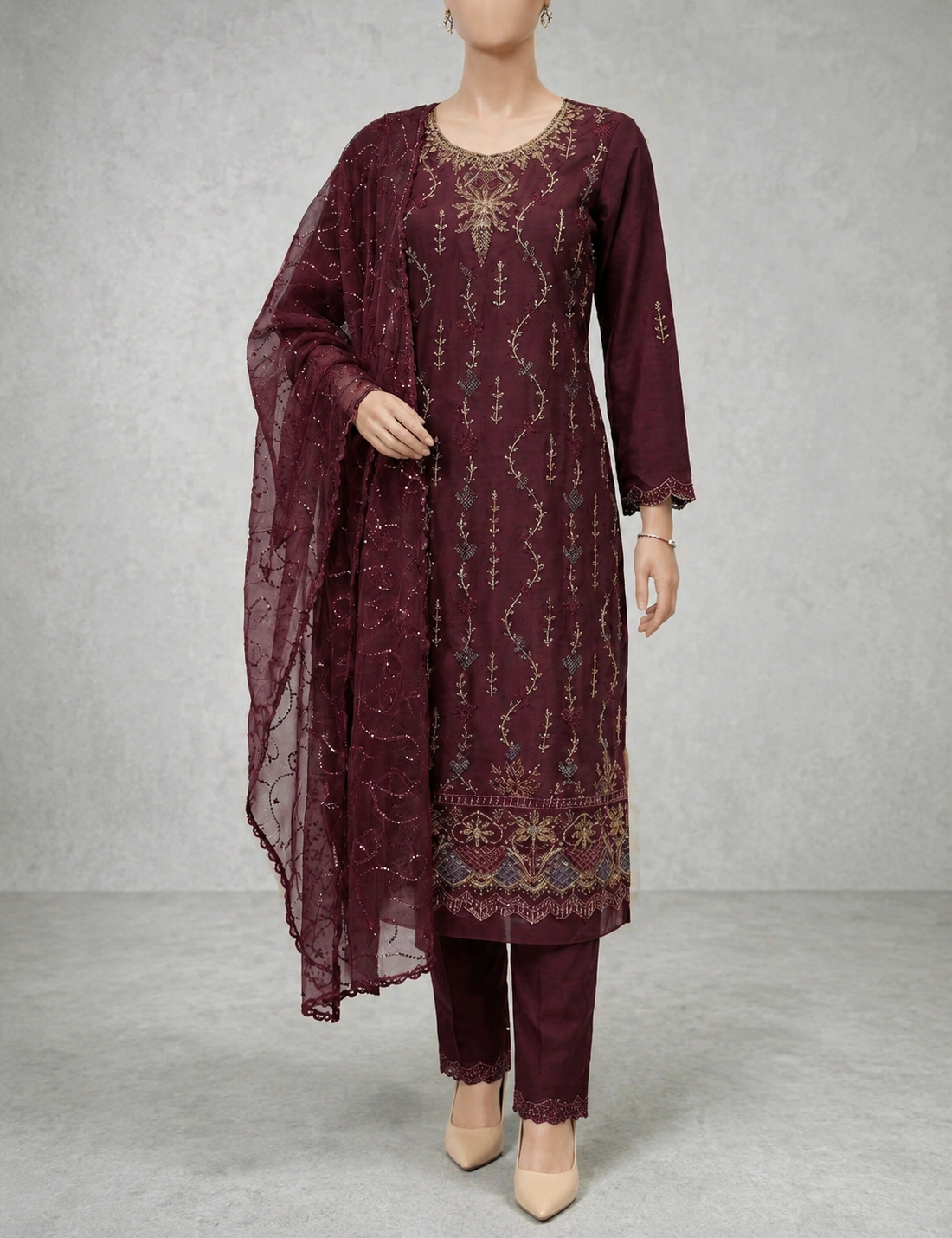 M.238 - Mehroon- Cotton 3 Piece Unstitched Suit by Utsav