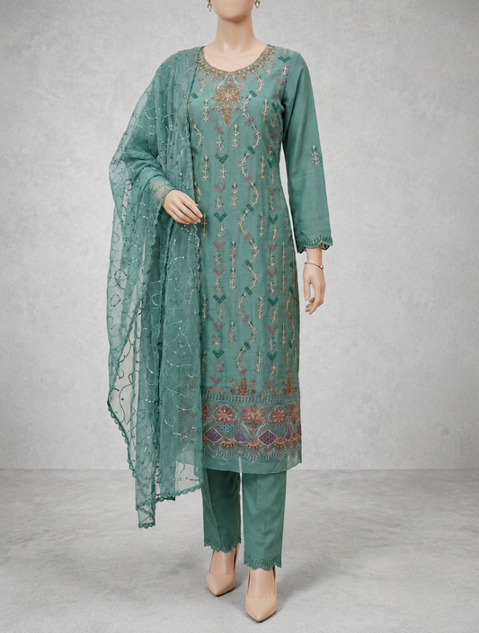M.238- Light Green - Cotton 3 Piece Unstitched Suit by Utsav
