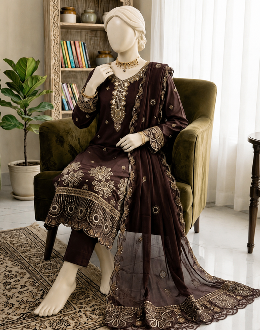 M.236- Dark Brown - Cotton 3 Piece Unstitched Suit by Utsav
