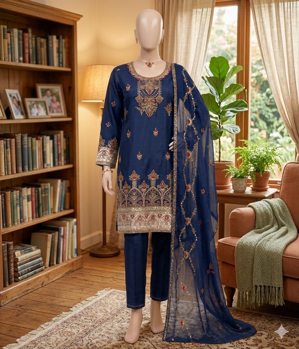M.237 - Dark Blue - Cotton 3 Piece Unstitched Suit by Utsav