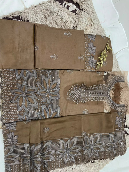 M.197- Brown - Cotton 3 Piece Unstitched Suit by Utsav