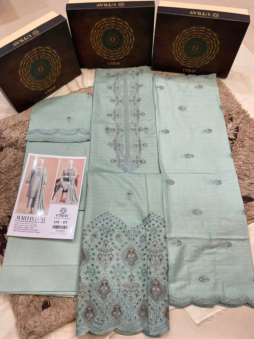 UA 07 Aurelia Luxe 3D Chicken Kari Bana Dora Cambric 3 Piece Unstitched Suit by Utsav