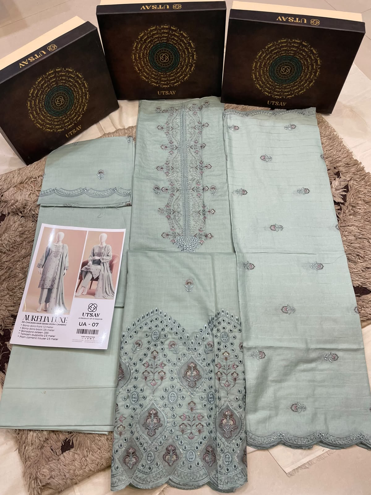UA 07 Aurelia Luxe 3D Chicken Kari Bana Dora Cambric 3 Piece Unstitched Suit by Utsav