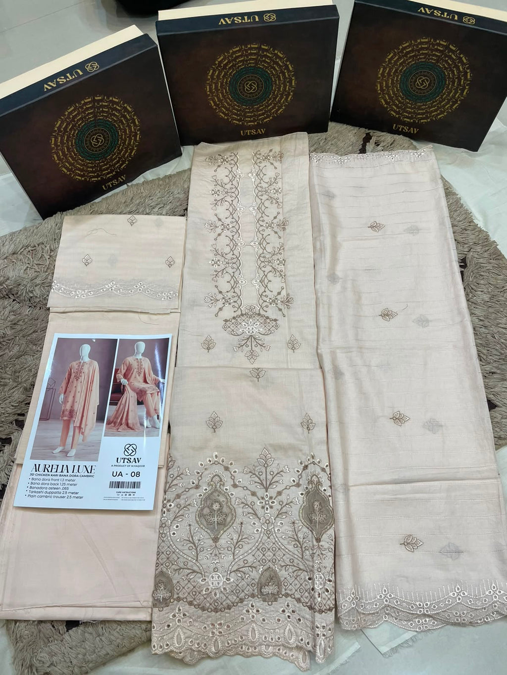 UA 08 Aurelia Luxe 3D Chicken Kari Bana Dora Cambric 3 Piece Unstitched Suit by Utsav
