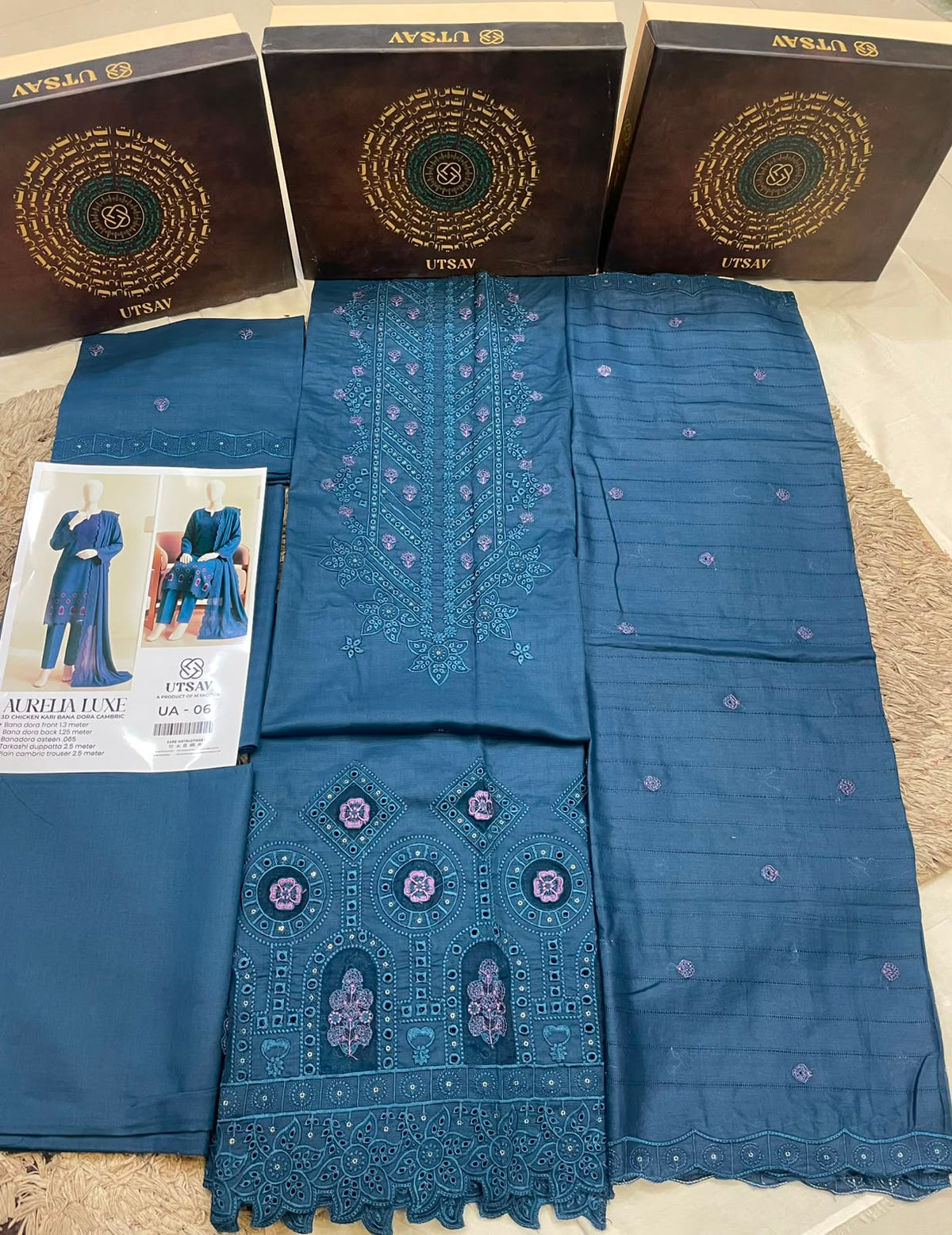 UA 06 Aurelia Luxe 3D Chicken Kari Bana Dora Cambric 3 Piece Unstitched Suit by Utsav