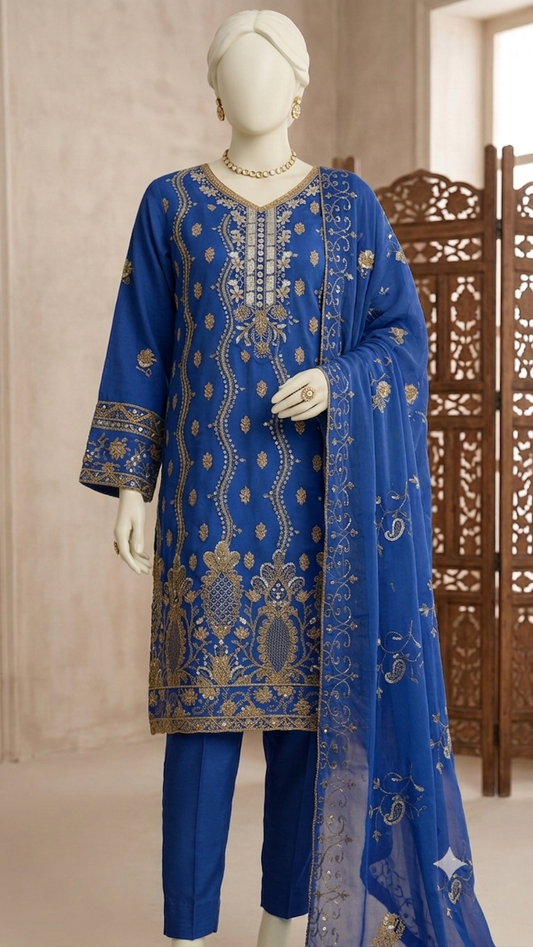 M.242 - Dark Blue - Cotton 3 Piece Unstitched Suit by Utsav