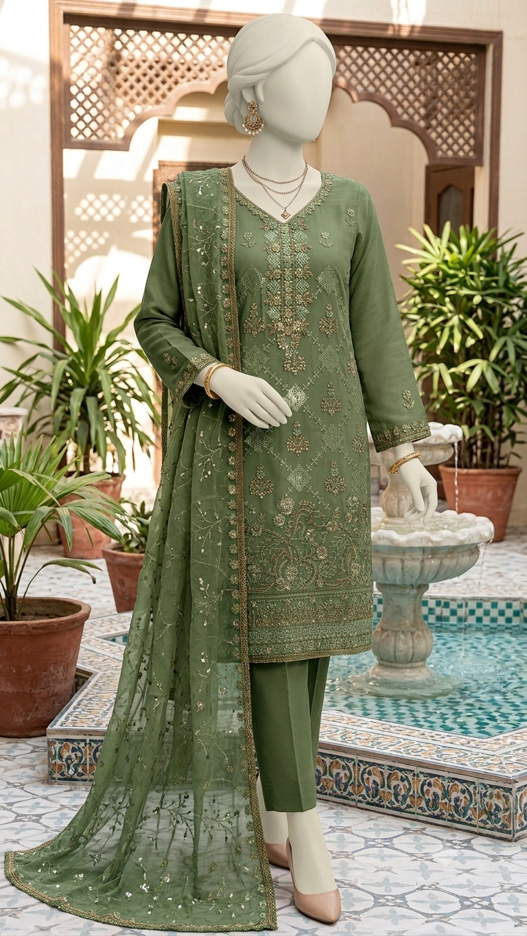 M.245 - Mehndi- Cotton 3 Piece Unstitched Suit by Utsav