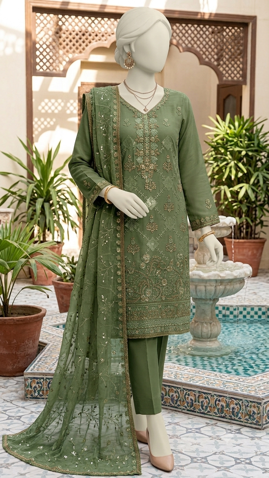 M.245 - Mehndi- Cotton 3 Piece Unstitched Suit by Utsav